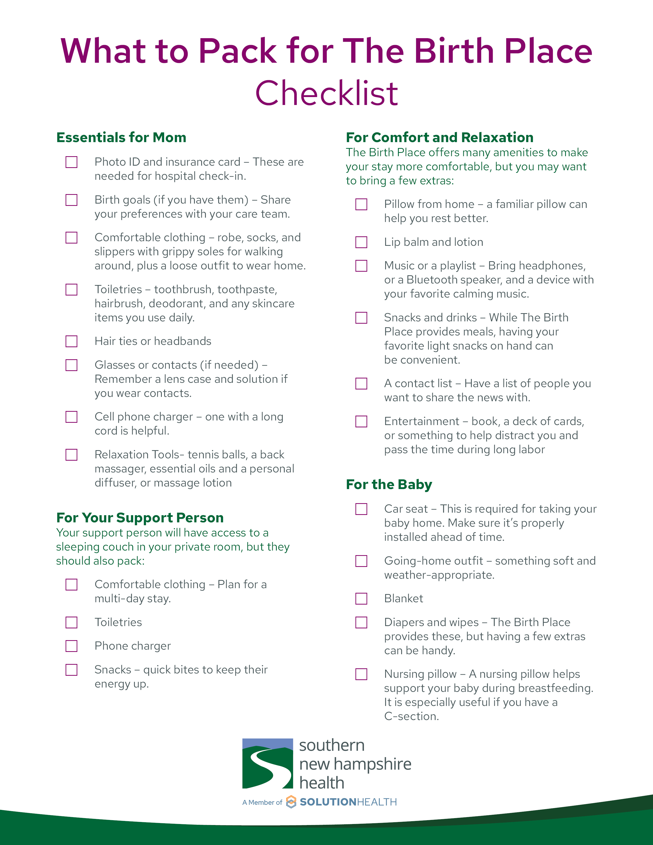 what to pack for the hospital when delivering baby at The Birth Place in Nashua NH